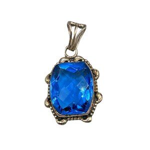 Sterling Silver Pendant with Blue Faceted Glass Stone Art Deco Style